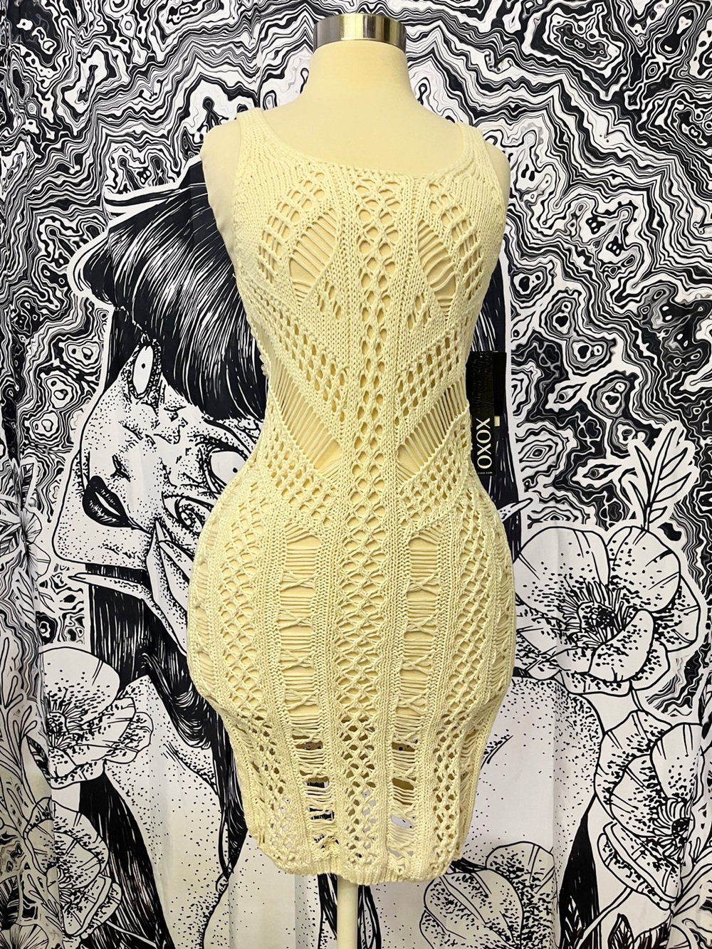 XOXO VINTAGE Sleeveless Crocheted Bodycon Dress in Cream